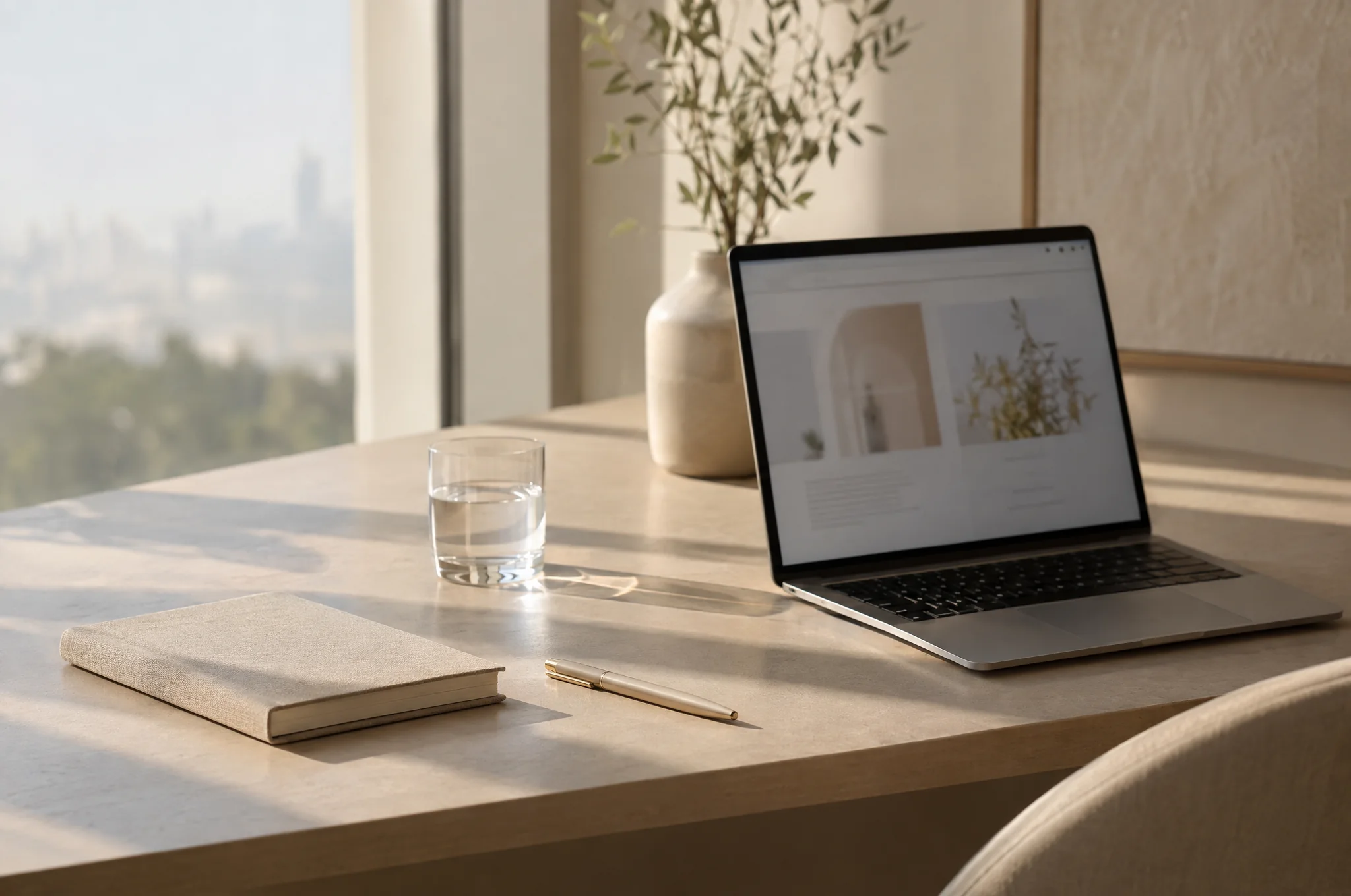 A tidy desk by a window with an open laptop and a notebook