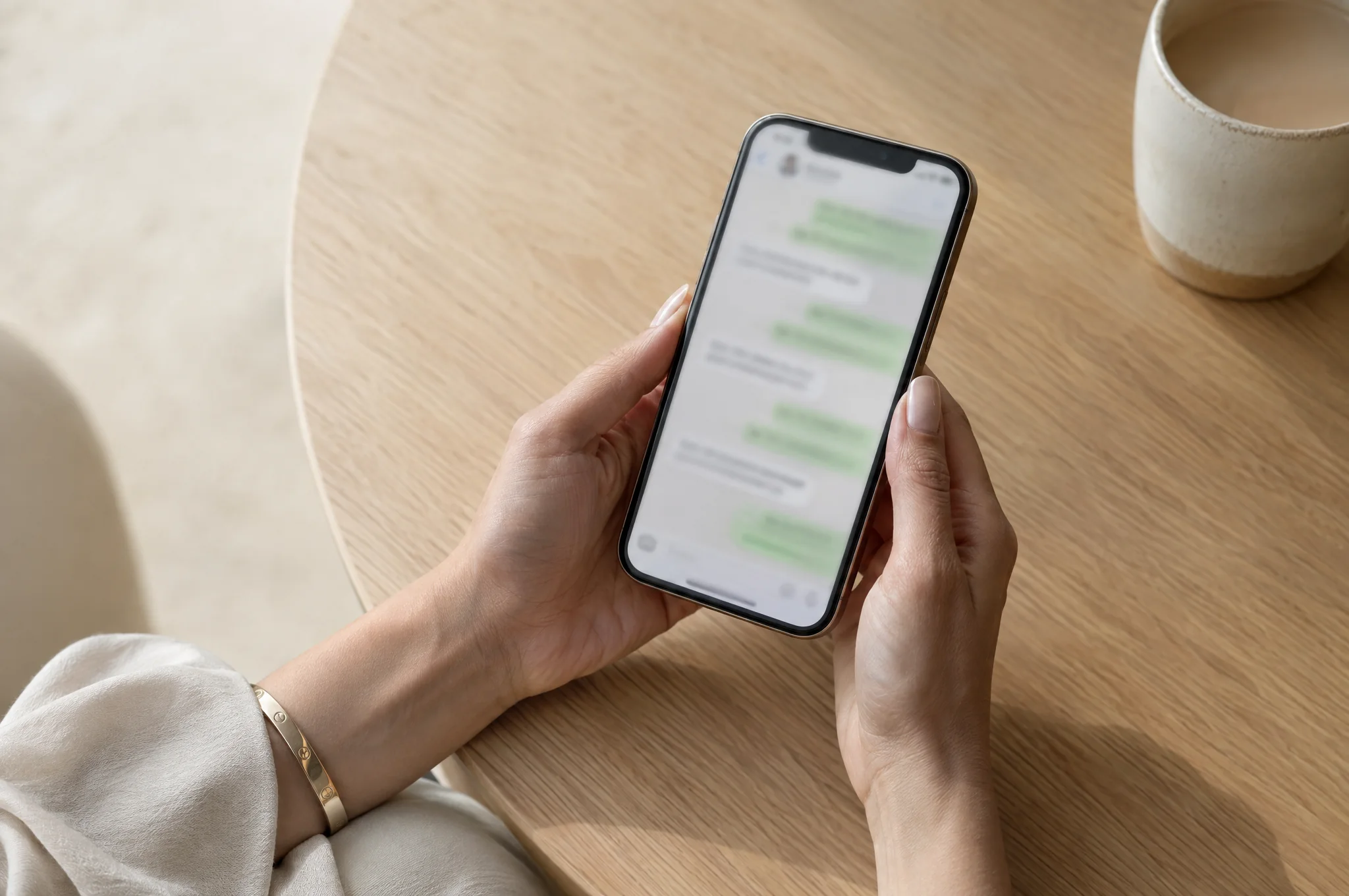 Hands holding a phone with a blurred WhatsApp chat on a light oak table