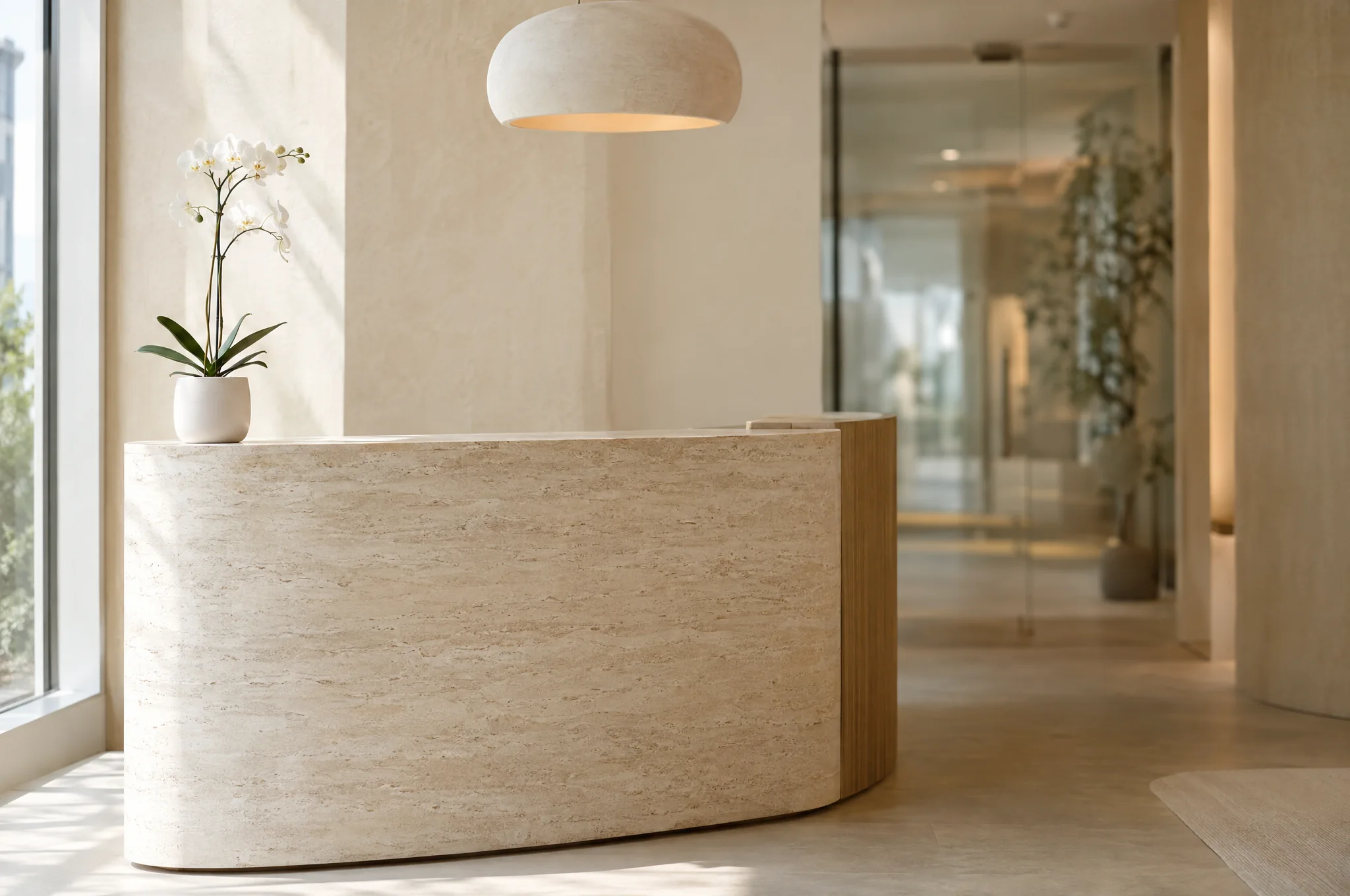 An empty reception counter in pale stone and light wood