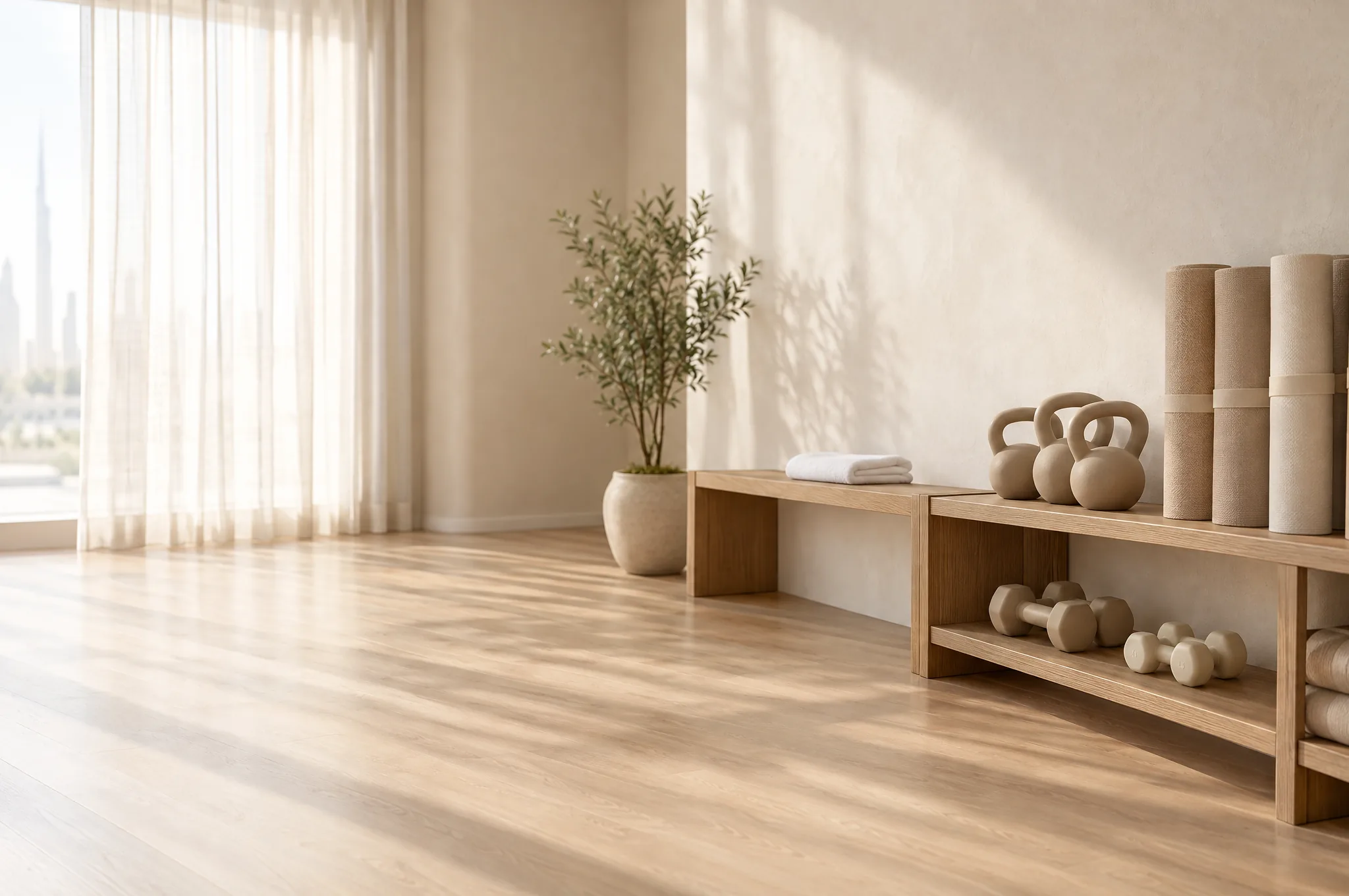 An empty boutique training studio with a light wood floor
